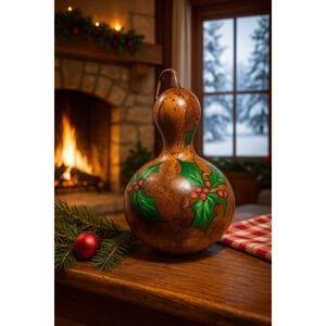 Hand Painted Gourd Christmas‎ Holly Berries Ornament 2007 Signed Festive Decor